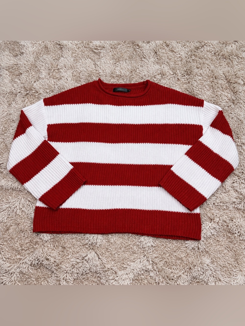 ZESICA Women’s L Red White Striped Crewneck Knit Sweater Pullover